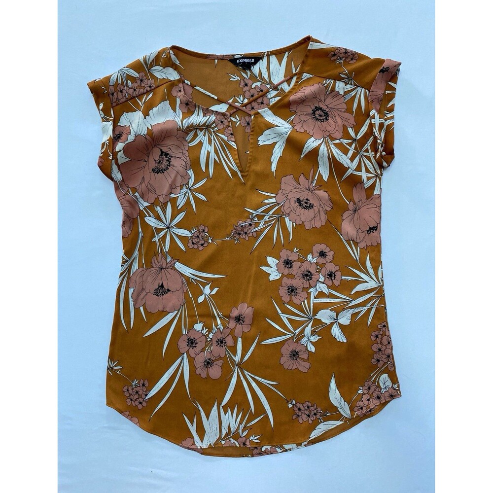 Express Floral Strappy Keyhole Short Sleeve Blouse Small Mustard Yellow